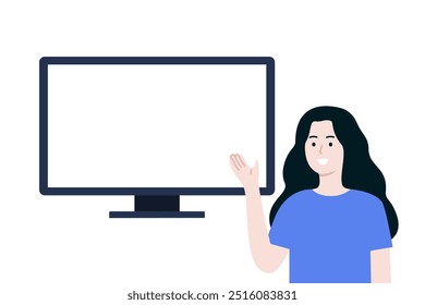 Lächelndes Mädchen Zeige und Einführung in horizontale leere Bildschirm Vorlage für Informationen. Business, Bildung, Präsentation, Lernkonzept. Flache Vektorgrafik mit Zeichendesign.