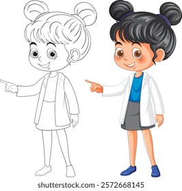Smiling girl pointing, wearing a lab coat