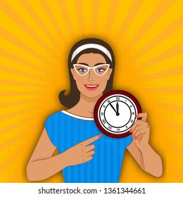 Smiling girl points at clock. vector illustration - eps 10