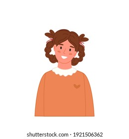 Smiling girl portrait in casual clothing in cartoon flat style. Kid avatar isolated on white. Happy teenager. Vector illustration character profile