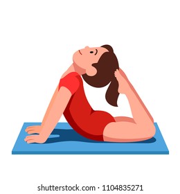 Smiling girl practicing yoga and doing King Cobra pose exercise or Raja bhudjangasana pose on training mat. Woman gymnastics and yoga exercising. Flat style vector illustration isolated on white