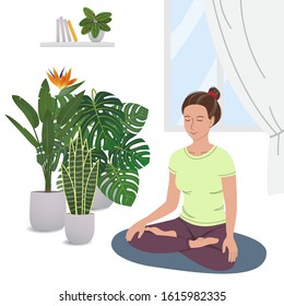 Smiling girl practicing yoga and enjoying meditation. Young woman meditating in home garden. Concept illustration for physical and spiritual practice, healthy lifestyle. Cartoon vector illustration.