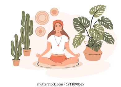 Smiling girl practicing yoga and enjoying meditation in her room or apartment. Concept illustration for yoga, meditation, relax, recreation, healthy lifestyle. Flat cartoon vector illustration.