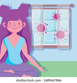 Smiling girl practising yoga in lotus pose.  Sport exercise activity at home vector illustration. COVID-19 pandemic concept.