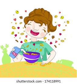Smiling girl prepares her flakes with fruits and milk, for the breakfast.