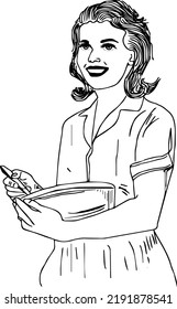 Smiling girl preparing food cartoon drawing, woman in kitchen line art vector silhouette, cooking woman sketch drawing, making indian food clip art