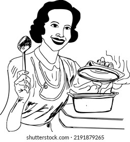 Smiling Girl Preparing Food Cartoon Drawing, Woman In Kitchen Line Art Vector Silhouette, Cooking Woman Sketch Drawing, Making Indian Food Clip Art