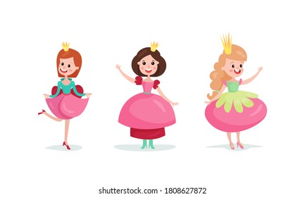 Smiling Girl Princess Wearing Crown and Dressy Look Garment Vector Illustration Set
