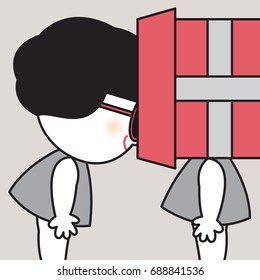 Smiling Girl Puts Her Head Into The Gift Box Like A Smile Is A Gift For Herself Card Character illustration