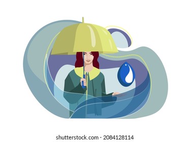 Smiling girl in rainy weather with an umbrella and a drop in her hands. Vector graphics.