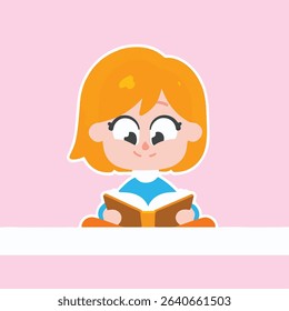 Smiling girl reading book illustration, educational theme, pink background.