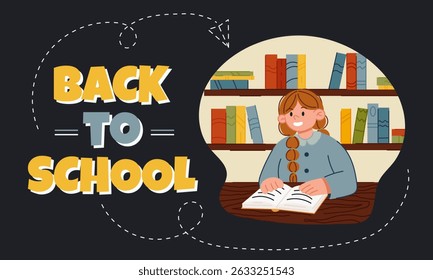 Smiling Girl Reading Book in Library for Back-to-School Theme
