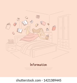 Smiling girl reading enthusiastically, happy reader surrounded with books, information consumption, literature banner