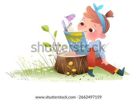 Smiling girl reading open book with bird friend in park sitting on grass. Whimsical fairytale scene of little girl reading book. Cute vector cartoon clip art illustration for children education.