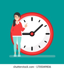 smiling girl with red clock isolated on blue background. Fast time stop watch, limited offer, deadline symbol. Vector illustration. Business or study schedule
