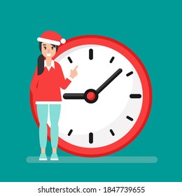 smiling girl with red clock and Santa Hat isolated on blue background. Fast time stop watch, limited offer, deadline. Vector illustration. Holidays schedule. Christmas sales, countdown.