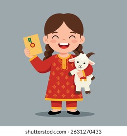 A smiling girl in a red dress holds a yellow envelope and a stuffed goat toy.