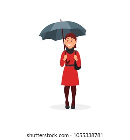 Smiling girl in red dress standing under umbrella cartoon vector Illustration on a white background