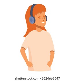 Smiling girl with red hair is listening to music on her headphones