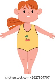 A smiling girl with red hair in a swimsuit featuring a cherry motif, illustrated in a flat style. The child stands with arms outstretched, wearing a playful outfit. Cartoon vector illustration.