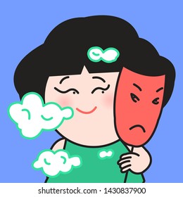 Smiling Girl Removing The Devil Grumpy Mask. Concept Of Better Understanding Ownself Card Character illustration