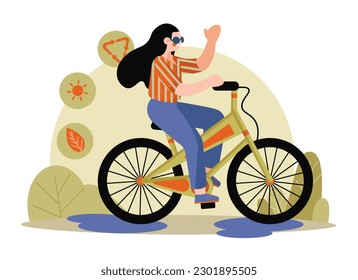 Smiling girl rides bicycle. Female character uses eco transport. Walk on electric bicycle. Vehicles that is safe for environment. Fitness outside. Color vector image in flat style