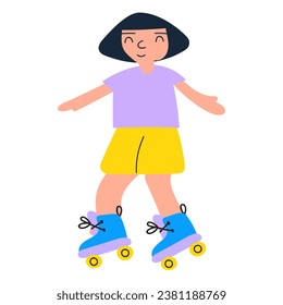 Smiling girl roller skating. Graphic design. Vector hand drawn illustration on white background.