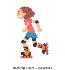 Lächelnde Girl-Rollerblading, Kindersportarten, gesunde Lifestyle-Concept Cartoon Style Vektorgrafik