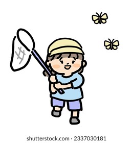Smiling girl is running with butterfly net.