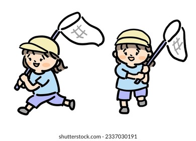 Smiling girl is running with butterfly net.