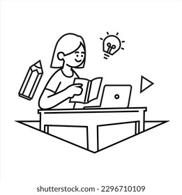 Smiling Girl School Doing Homework Sitting at Desk Studying with Laptop and Book Vector Illustration. line art