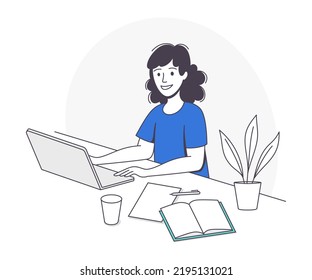 Smiling Girl School Pupil Doing Homework Sitting at Desk Studying with Laptop Vector Illustration