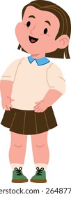 Smiling girl in a school uniform with a blue collar and brown skirt in a cartoon style. Young student with short hair and green shoes standing happily. Cartoon vector illustration.