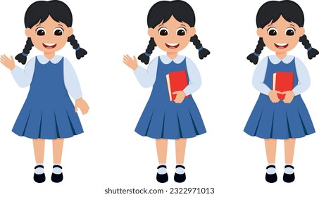 smiling girl,  schoolgirl with dark hair in a blue dress with a book in her hand