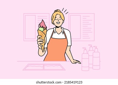 Smiling girl seller stretch hand and ice  cream from street vendor  Happy woman give frozen dessert  Commerce   small business  Vector illustration  