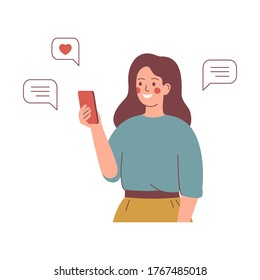 Smiling girl sends messages via smartphone. Young happy woman uses a mobile phone for texting. Mobile internet communication, social media chatting, instant messaging. Vector illustration.