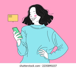 Smiling girl sends messages via smartphone. Young happy woman uses a mobile phone for texting. Mobile internet communication, social media chatting, vector illustration.