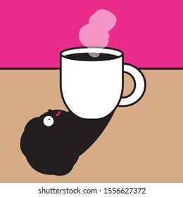 Smiling Girl Shaped Shadow Under A Coffee Cup Concept Card Character illustration