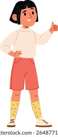 Smiling girl with short hair gives a thumbs up in a playful cartoon style. Cheerful student in casual attire shows approval with a positive gesture. Cartoon vector illustration.