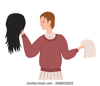 A smiling girl with a short haircut chooses a wig. A young woman holds wigs in her hands. Woman trying on a wig. Vector illustration in flat style, isolated on a white background.