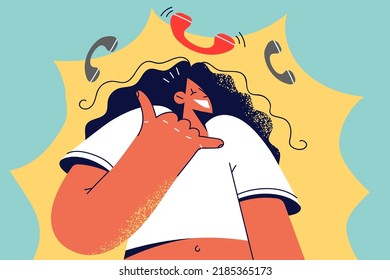 Smiling girl show call me back hand gesture. Happy woman use body languages asking to call on cellphone. Vector illustration. 