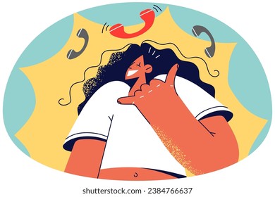 Smiling girl show call me back hand gesture. Happy woman use body languages asking to call on cellphone. Vector illustration.