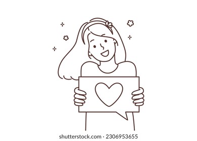 Smiling girl show heart drawing on paper share love and care to world. Happy child demonstrate sign feel grateful and thankful. Vector illustration. 