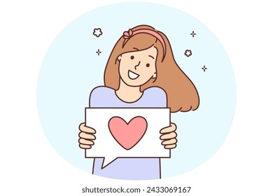 Smiling girl show heart drawing on paper share love and care to world. Happy child demonstrate sign feel grateful and thankful. Vector illustration.