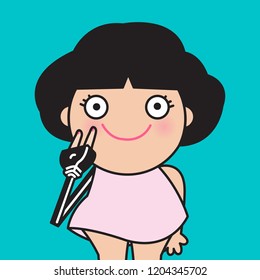 Smiling Girl Showing Cheer Up Number Two Electrical Plug Shape Hand Sign Concept Card Character illustration