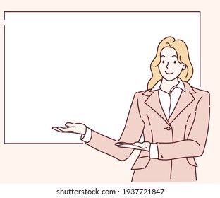 Smiling girl showing open hand palm with copy space banner. Hand drawn in thin line style, vector illustrations. 