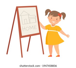 Smiling Girl Showing Paper with Pictured Home Vector Illustration