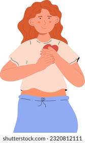 Smiling girl shows positive gestures, love, compassion, feel affection, gratitude. Love yourself. Woman holds her hands on her chest, sign of cordiality, love. Emotions of happiness.