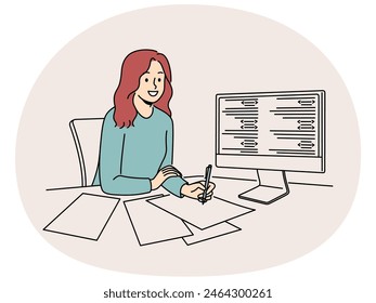 Lächelndes Mädchen sitzt am Schreibtisch und arbeitet am Computer, um Notizen zu machen. Happy Woman Angestelltenstudie über PC-Handschriftdaten auf Papier. Digitales Lernen und IT-Klasse. Vektorillustration.