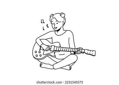 Smiling girl sit on floor playing guitar. Happy female enjoy musical lesson with instrument. Hobby and entertainment. Vector illustration. 